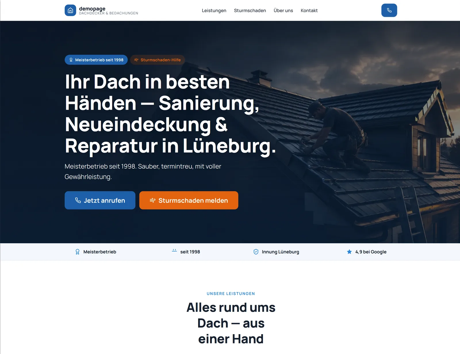 Beispiel einer Dachdecker-Website im modernen Design
