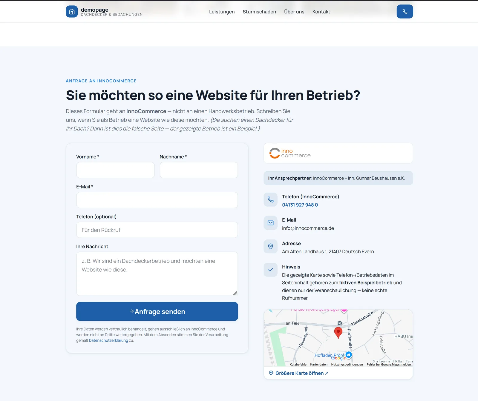 Modern · Anfrage-Formular mit Ansprechpartner und Karte