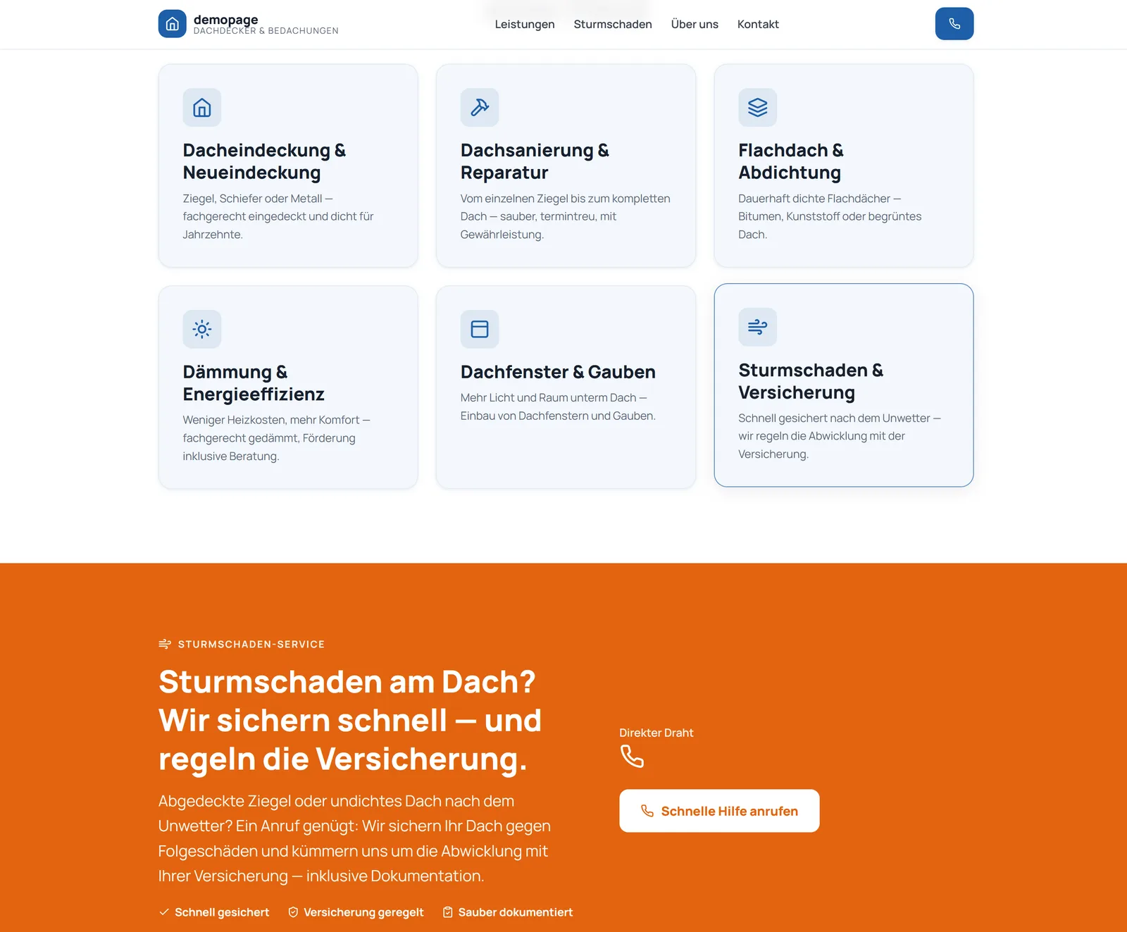 Modern · Leistungen auf einen Blick + Sturmschaden-Service