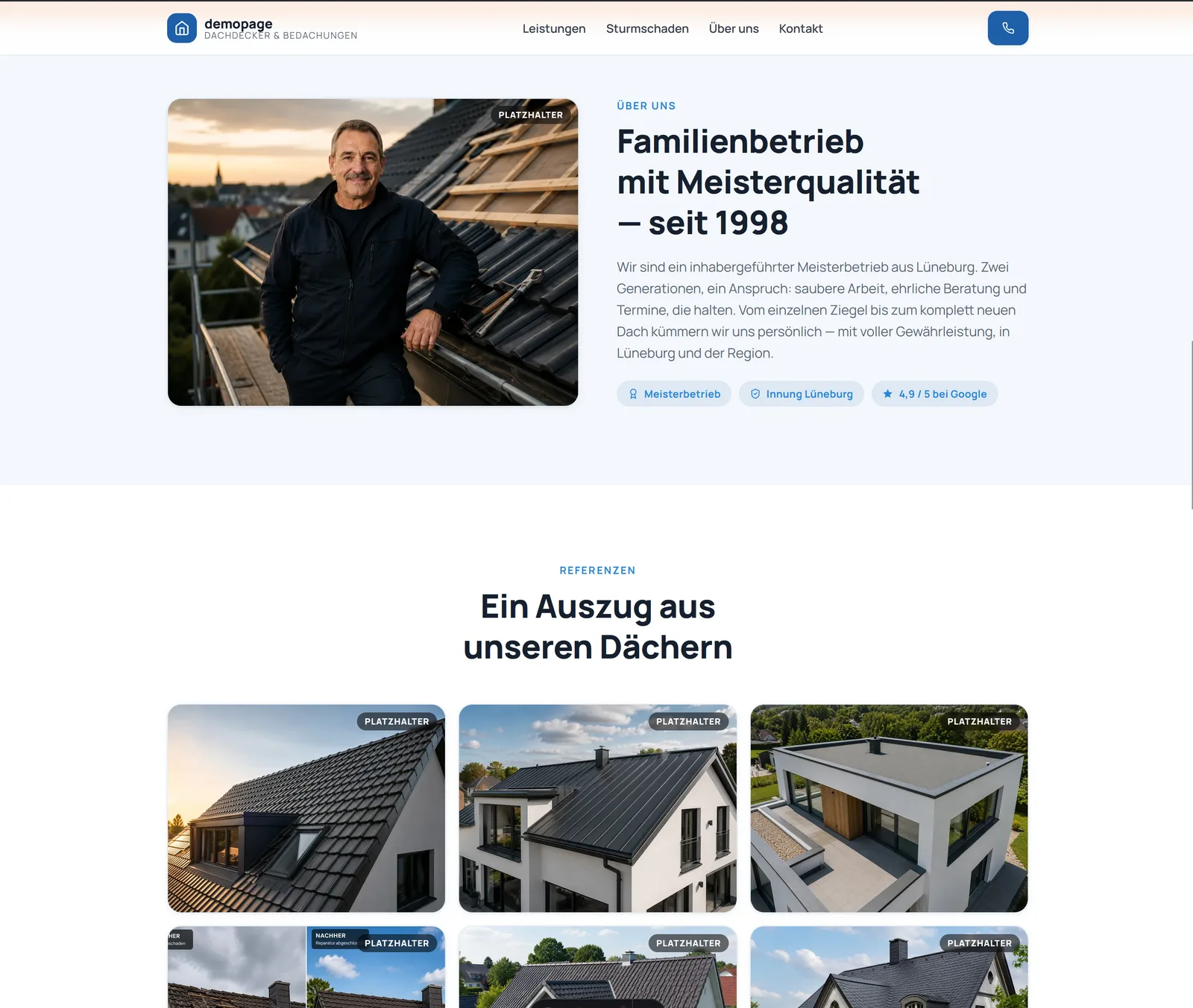 Modern · Familienbetrieb-Vorstellung mit Referenz-Dächern