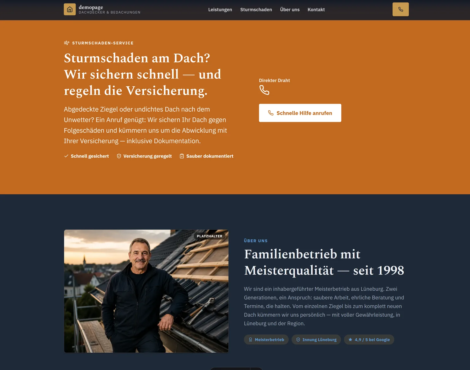Premium · Sturmschaden-Service und Über-uns-Bereich