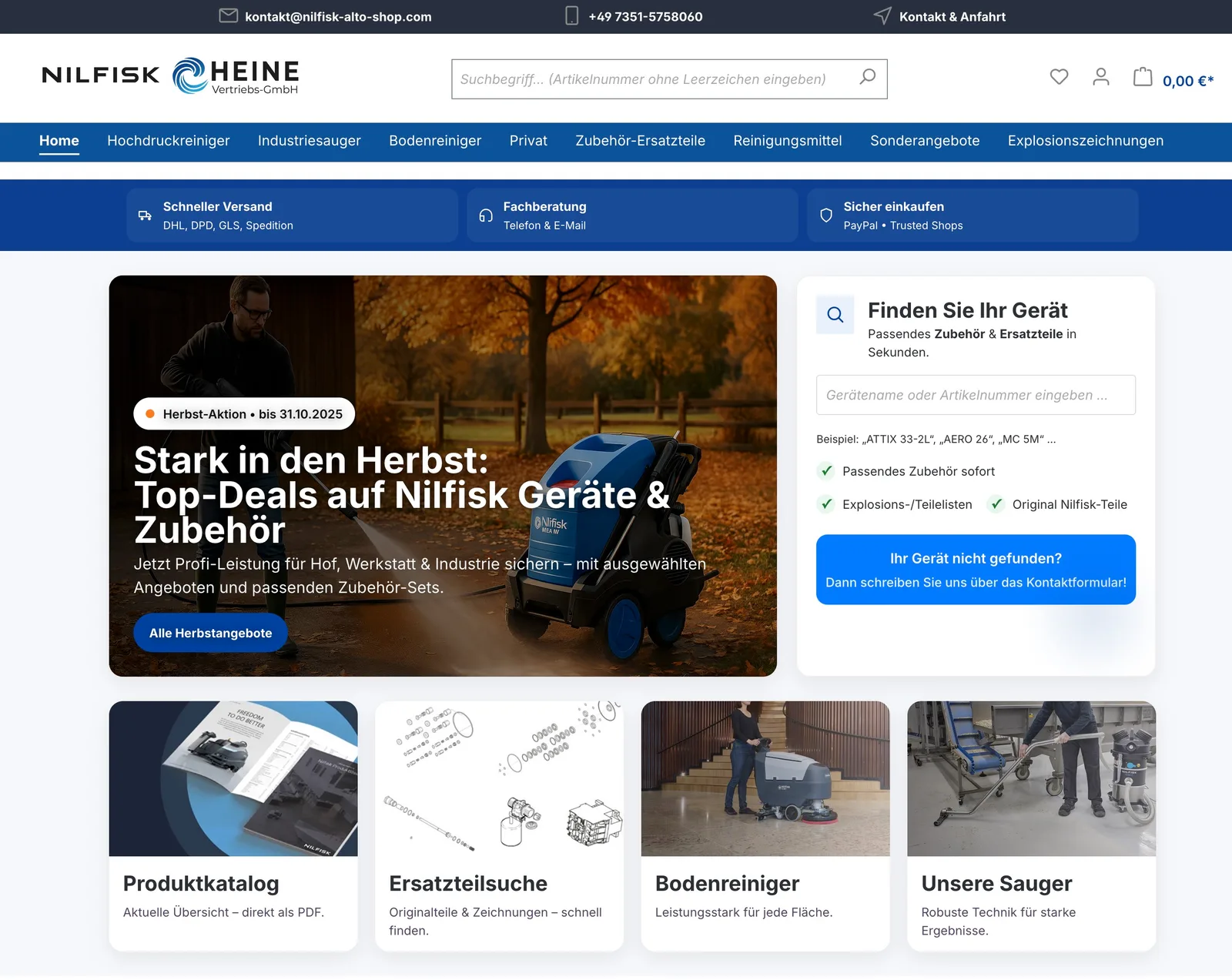 Website von Nifisk Heine mit Herbst-Zubehör und Produktkategorien für Brauereiausstattung